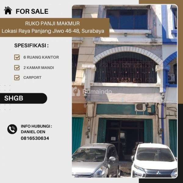 Ruko bawah 2 M DIJUAL RUKO PANJI MAKMUR  Lokasi Raya Panjang Jiwo 46-48, Surabaya